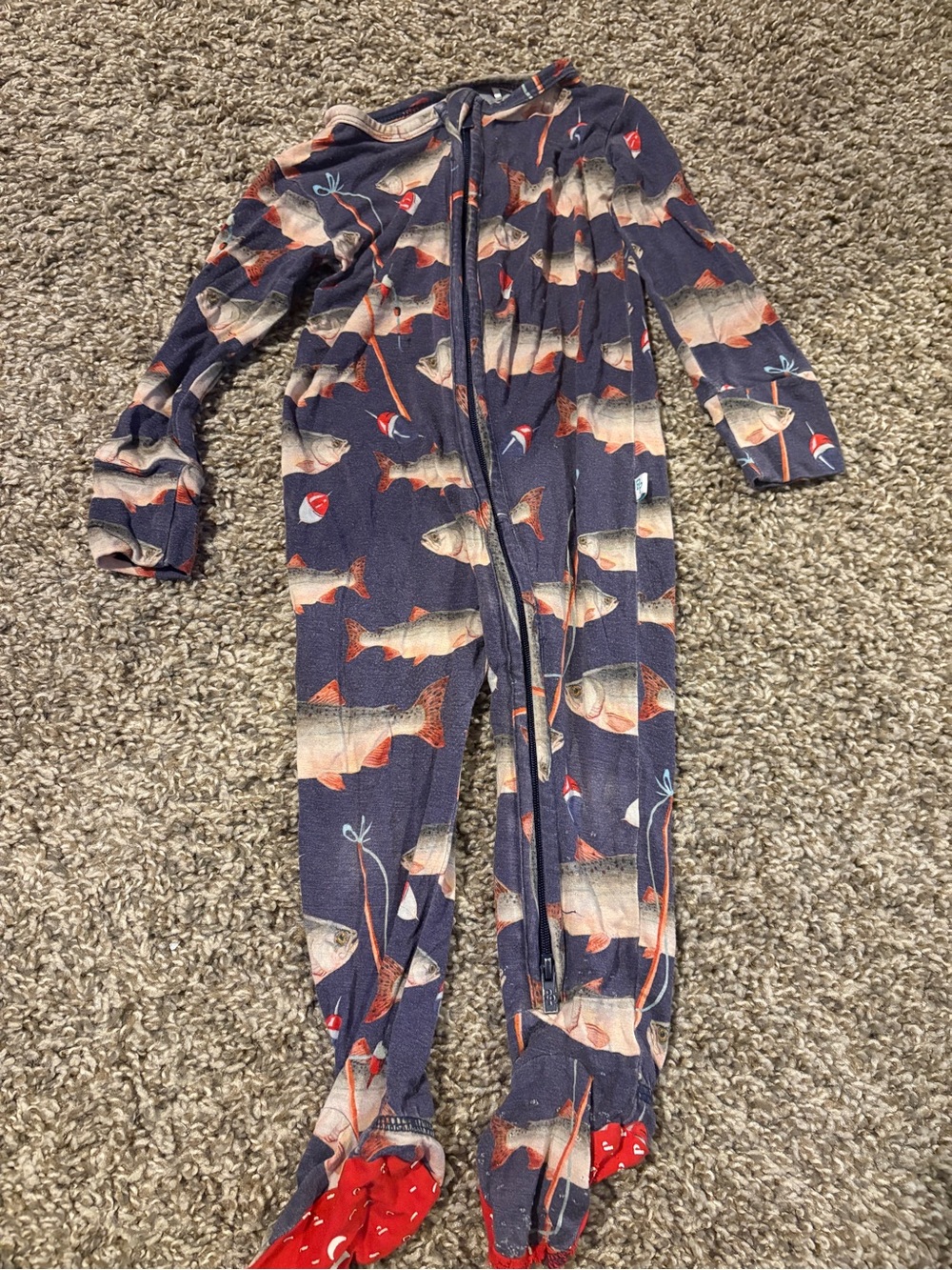 Posh Peanut Navy Fish Print Zip Footed One-Piece with Red Accents